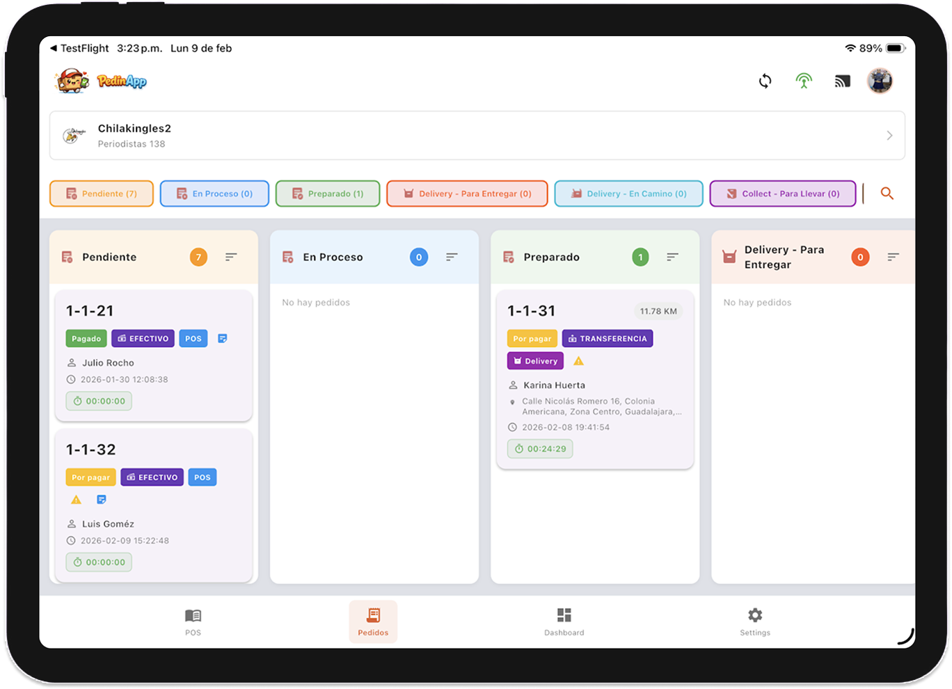 PedínApp Admin Dashboard en iPad